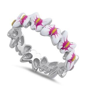 Sterling Silver Hand-Painted Paradise Pink & White Butterfly Enamel Ring New